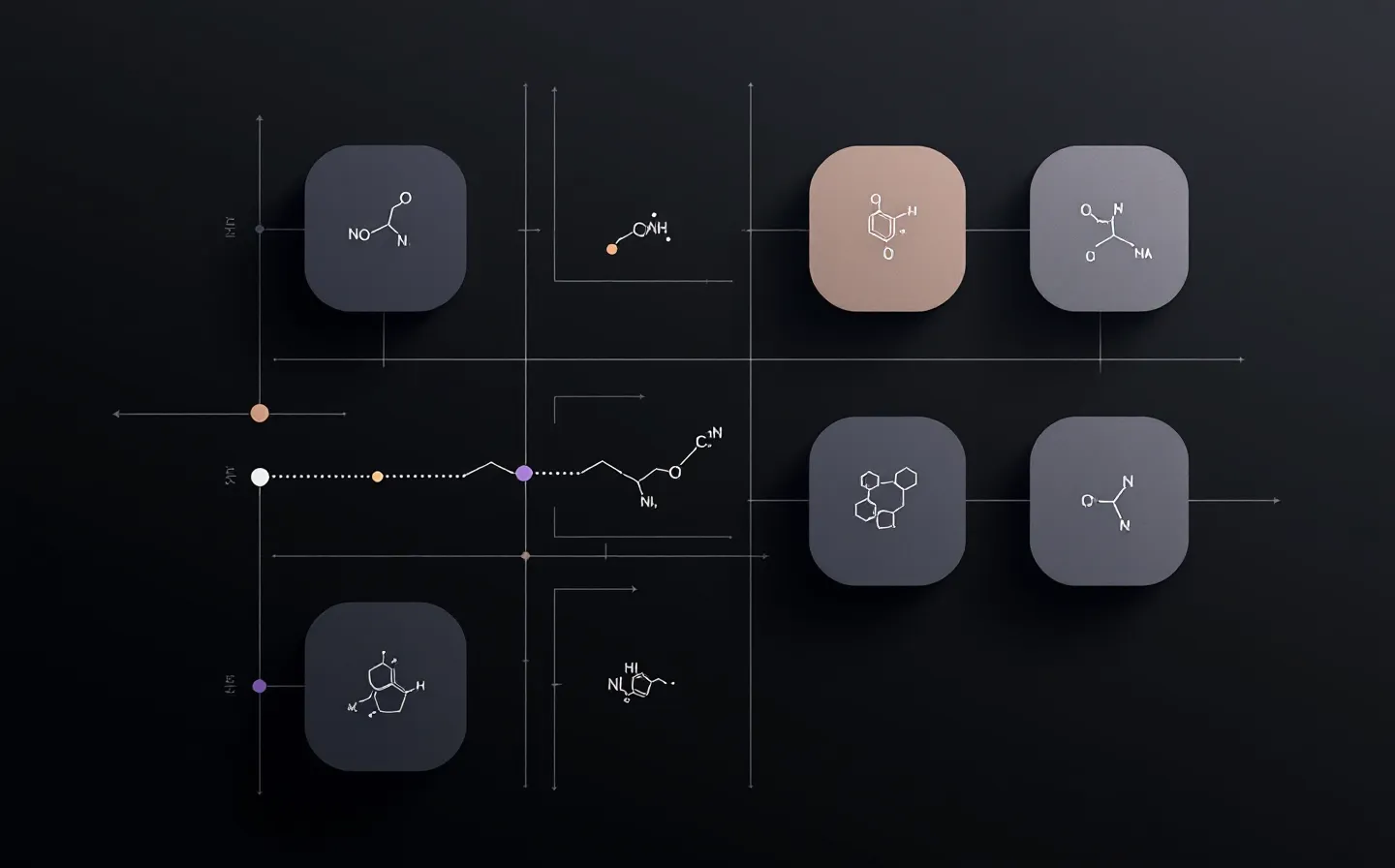 An asymmetric bento grid of abstract peptide, signal-cascade, pulse-waveform and node-network glyphs in near-white and grey with a single violet accent, on a deep graphite ground